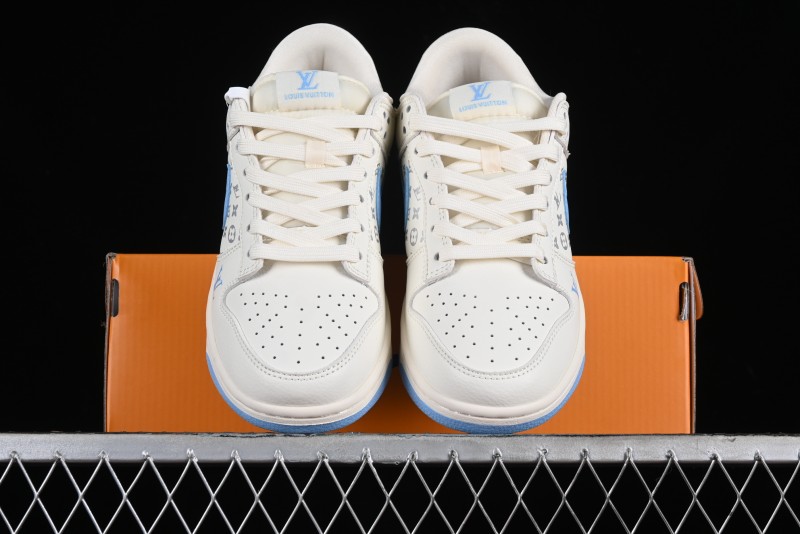 Nike SB Dunk Low LV Collaboration - Beige Blue Double Swoosh Print Anniversary Custom Low-Top Casual Sneakers - CF3688-005