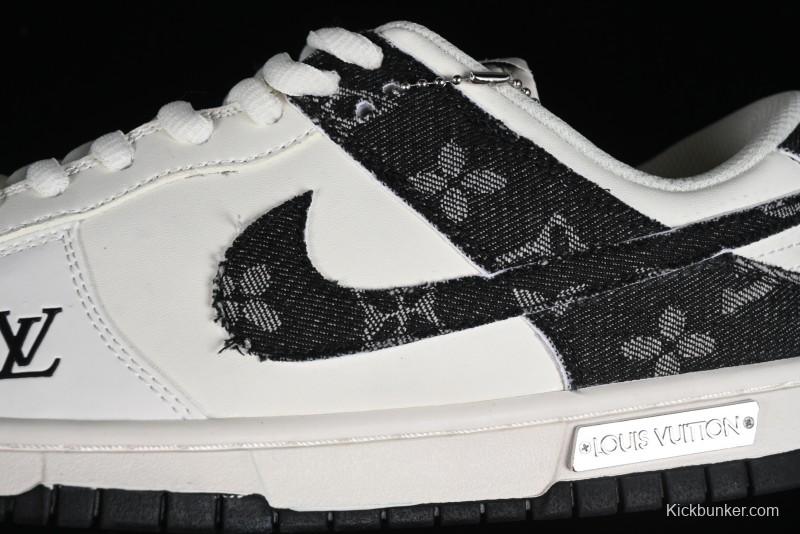 Nike SB Dunk Low LV Collaboration - Black Denim Off-White Black Swoosh Anniversary Custom Low-Top Casual Skate Shoes - DJ2024-009