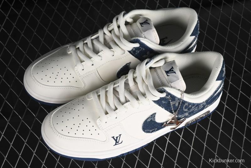 Nike SB Dunk Low LV Collaboration - Dark Blue Denim White Blue Swoosh Anniversary High-End Custom Low-Top Casual Sneakers - DJ2024-008