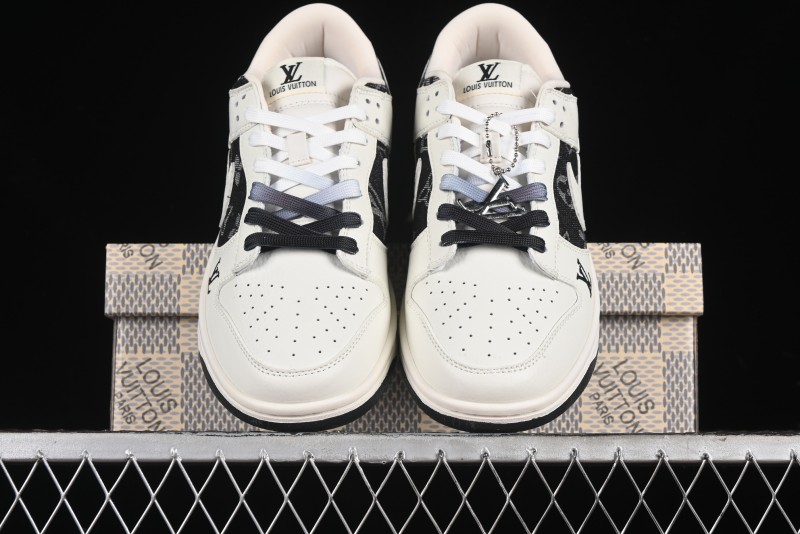 Nike SB Dunk Low LV Collaboration - Beige Black Printed Denim Anniversary High-End Custom Low-Top Casual Skate Shoes - XB3802-357