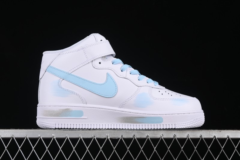 Nike Air Force 1 '07 Mid Light Blue Hand-Painted Cracked Three Stripes Shadow Mid-Top Casual Sneakers - CW2289-111