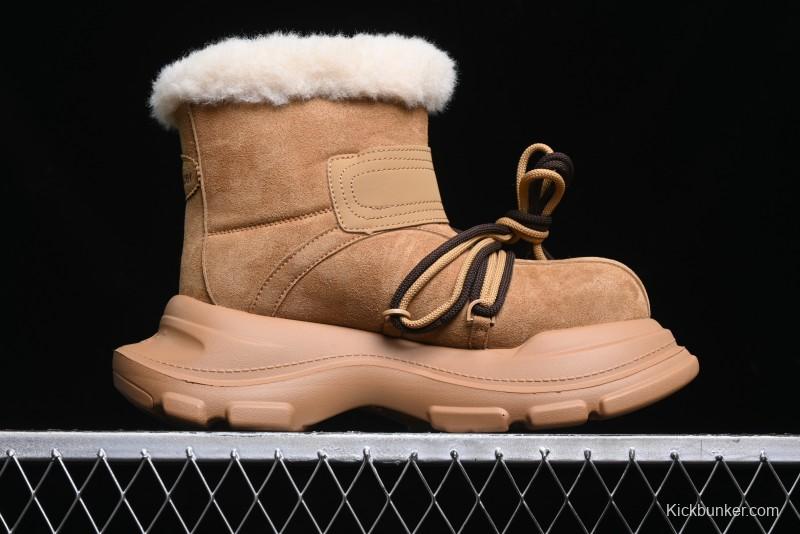 Ouder Retro Lace-Up Mid-Calf Warm & Thickened Platform Casual Snow Boots with Wool Lining - Oud024 Brown