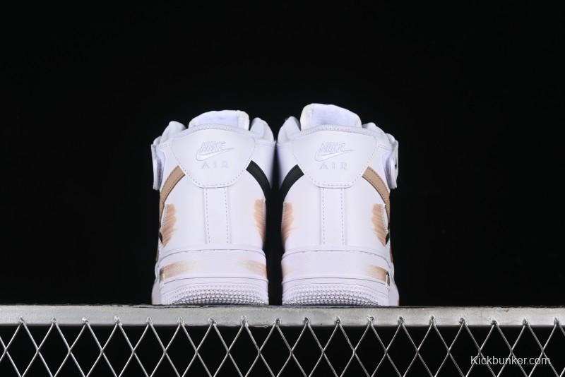 Nike Air Force 1 '07 Mid Hand-Painted White Black Brown with Swoosh Shadow Strap Mid-Top Casual Sneakers - CW2289-111