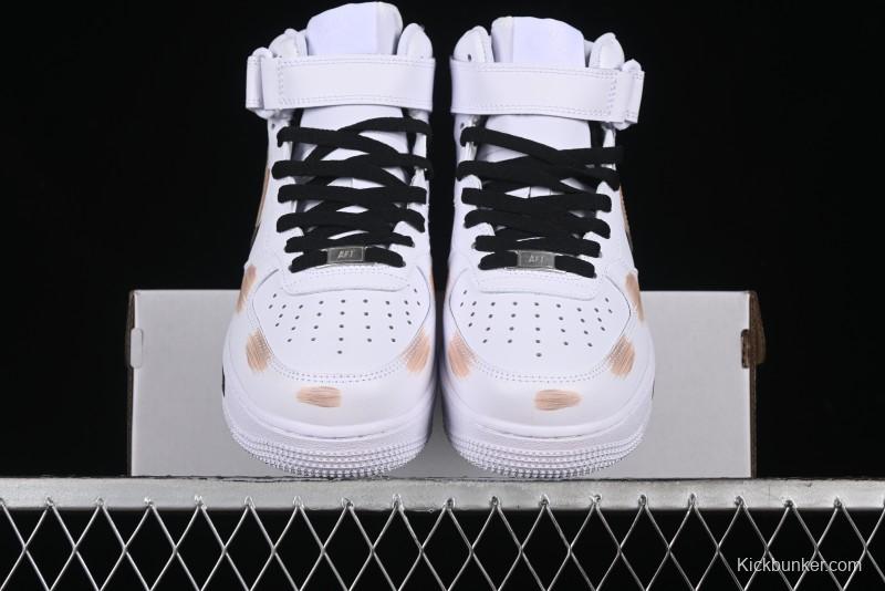Nike Air Force 1 '07 Mid Hand-Painted White Black Brown with Swoosh Shadow Strap Mid-Top Casual Sneakers - CW2289-111