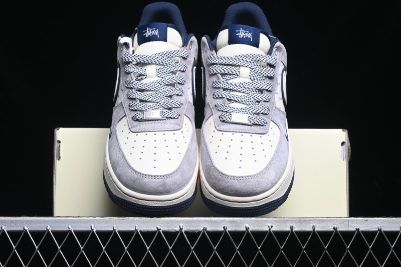 Nike Air Force 1 '07 Low Stussy Collaboration - Grey White with Blue Outsole Low-Top Casual Sneakers - SJ6698-006