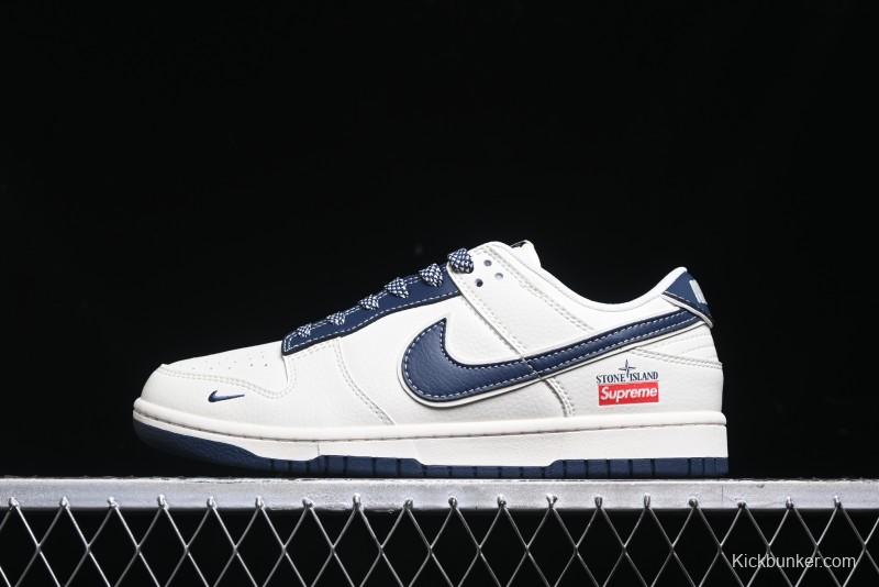 Nike SB Dunk Low Stone Island x Supreme Collaboration - Navy Blue & Off-White Anniversary High-End Custom Low-Top Casual Sneakers - BB9866-007