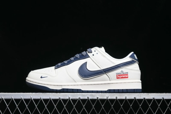 Nike SB Dunk Low Stone Island x Supreme Collaboration - Navy Blue & Off-White Anniversary High-End Custom Low-Top Casual Sneakers - BB9866-007