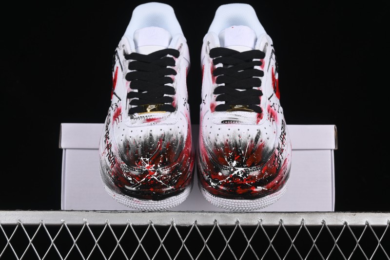 Nike Air Force 1 '07 Low Casual Sneakers with 2D Black and White Hand-Painted Blood Night Stitching Design - CW8822-011