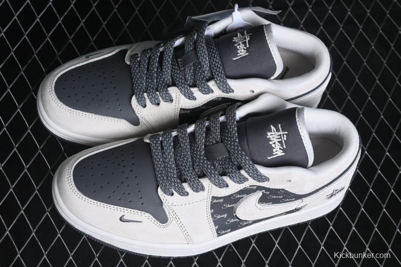Nike Air Jordan 1 Low Stussy Collaboration - Grey Pigskin Black Base Retro Basketball Shoes - XX3318-968
