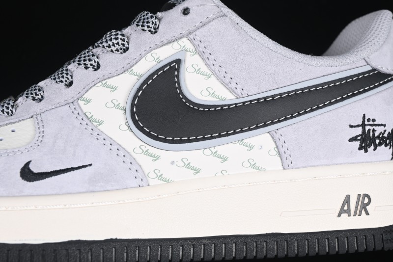 Nike Air Force 1 '07 Low Stussy Collaboration Grey Pigskin Black Swoosh Low-Top Casual Sneakers - XZ3318-099