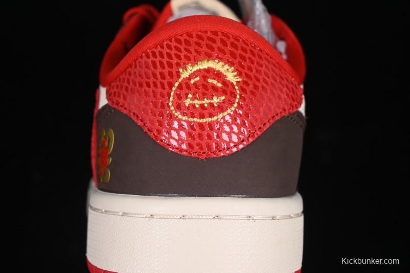 Nike Travis Scott x Fragment Design x Air Jordan 1 Low OG SP AJ1 Snake Year Limited Edition Snake Scale Red Hook Low Top Lifestyle Casual Sneakers - CH6336-020