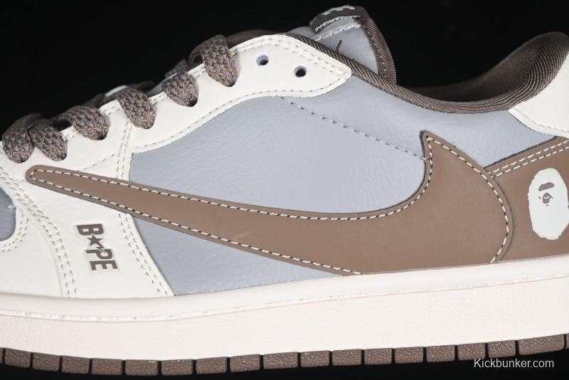 Nike Travis Scott x Fragment Design x Air Jordan 1 Low OG SP AJ1 Bape Collaboration Tea Brown Low-Top Casual Sneakers - BB6511-627