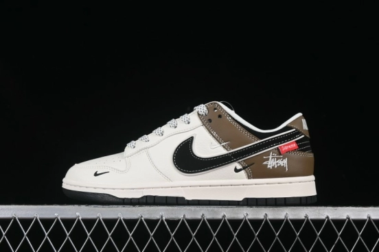 Nike SB Dunk Low Supreme Stussy Collaboration Beige Double Mini Swoosh Anniversary High-End Custom Low-Top Casual Skate Shoes - XS6089-502