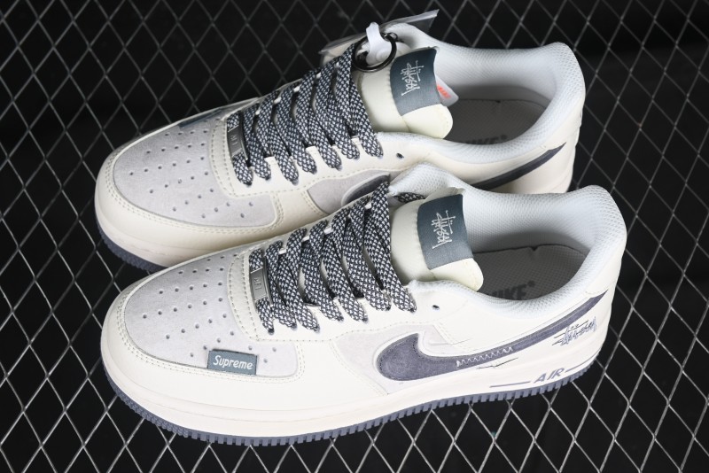 Nike Air Force 1 '07 Low Stussy Collaboration Beige Grey Embroidered Swoosh Low-Top Casual Sneakers - DM6688-003