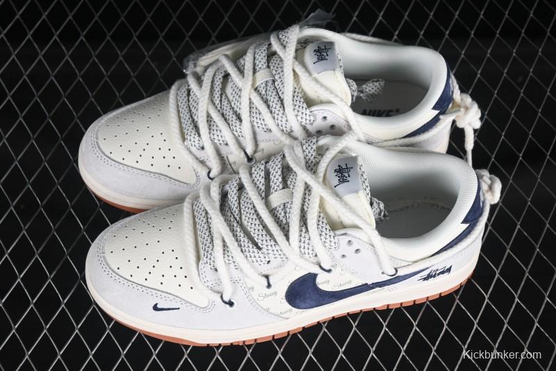 Nike SB Dunk Low Stussy Anniversary Customized Sneakers with Black Swoosh and Rubber Sole - YX5066-263