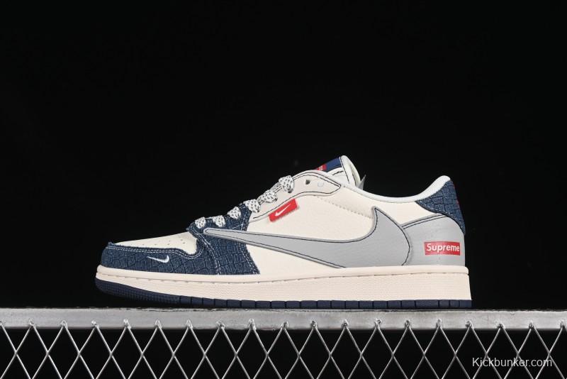 Nike Travis Scott x Fragment Design x Air Jordan 1 Low OG SP AJ1 Supreme Collaboration Grey Blue Denim Low-Top Casual Sneakers - JJ2508-565