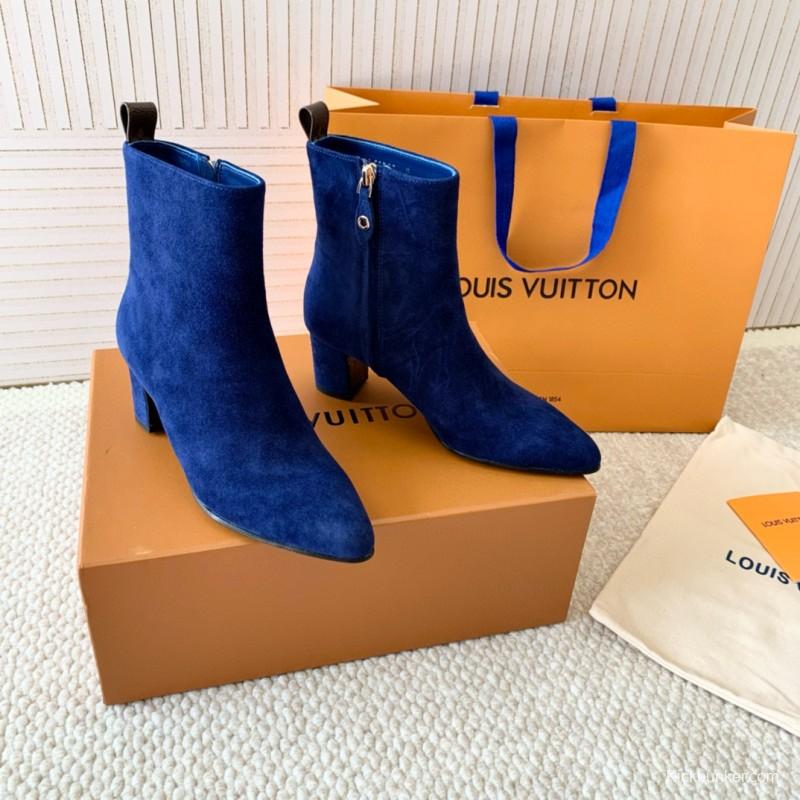2024 Women Louis Vuitton Blue Suede Ankle Boots