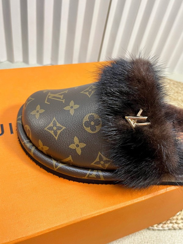 2024 Slippers Louis Vuitton Brown Leather Mink Fur Slippers MJ00340