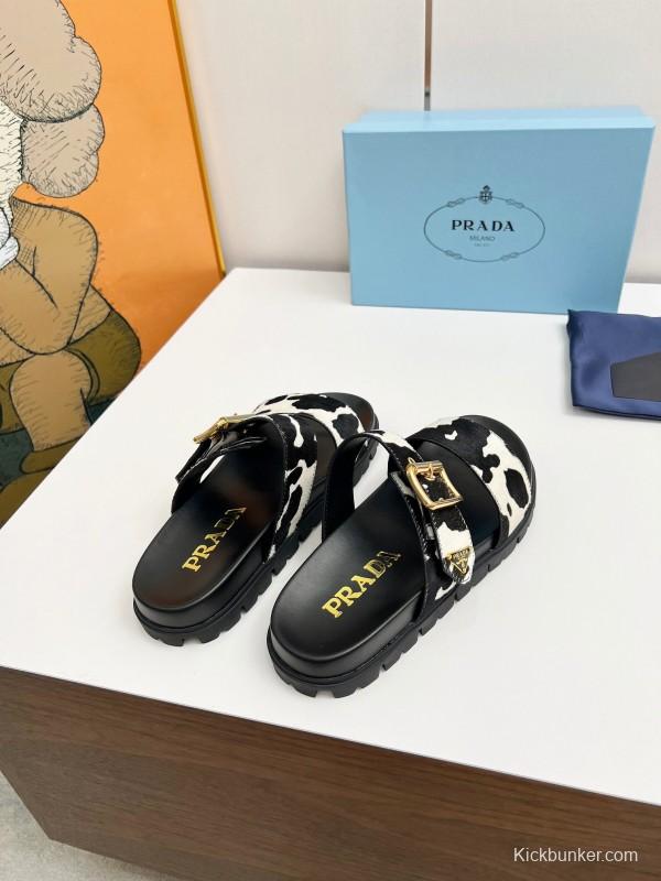 2025 Women Prada Black White Calf Hair Leather Sandals LY00260