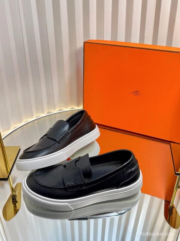 2025 Unisex Hermès Black Leather Fabric Loafers Slip-On LY00310(F)/LY00320(M)