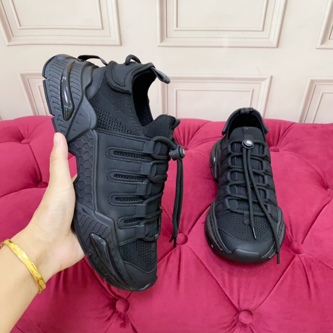 2025 Unisex Dolce & Gabbana Black Leather Knit Sneakers LY00340