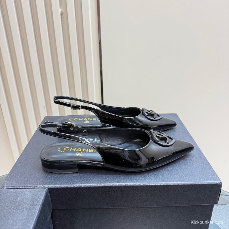 2025 Women Chanel Black Satin Leather Slingback Flats KFY00290