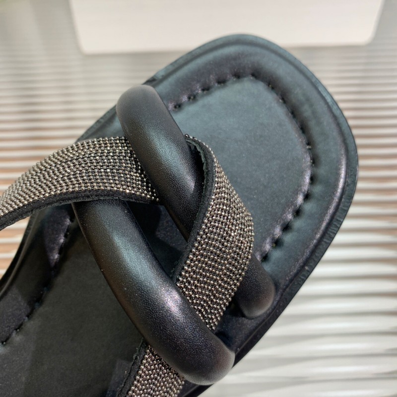 2025 Women Brunello Cucinelli Black Leather Flat Slides With Handwoven Beaded Straps KFY00300 (F)