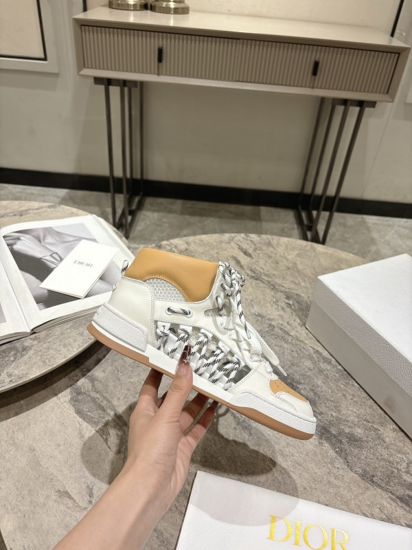 2025 Women Dior White Beige Leather Mesh High Top Sneakers