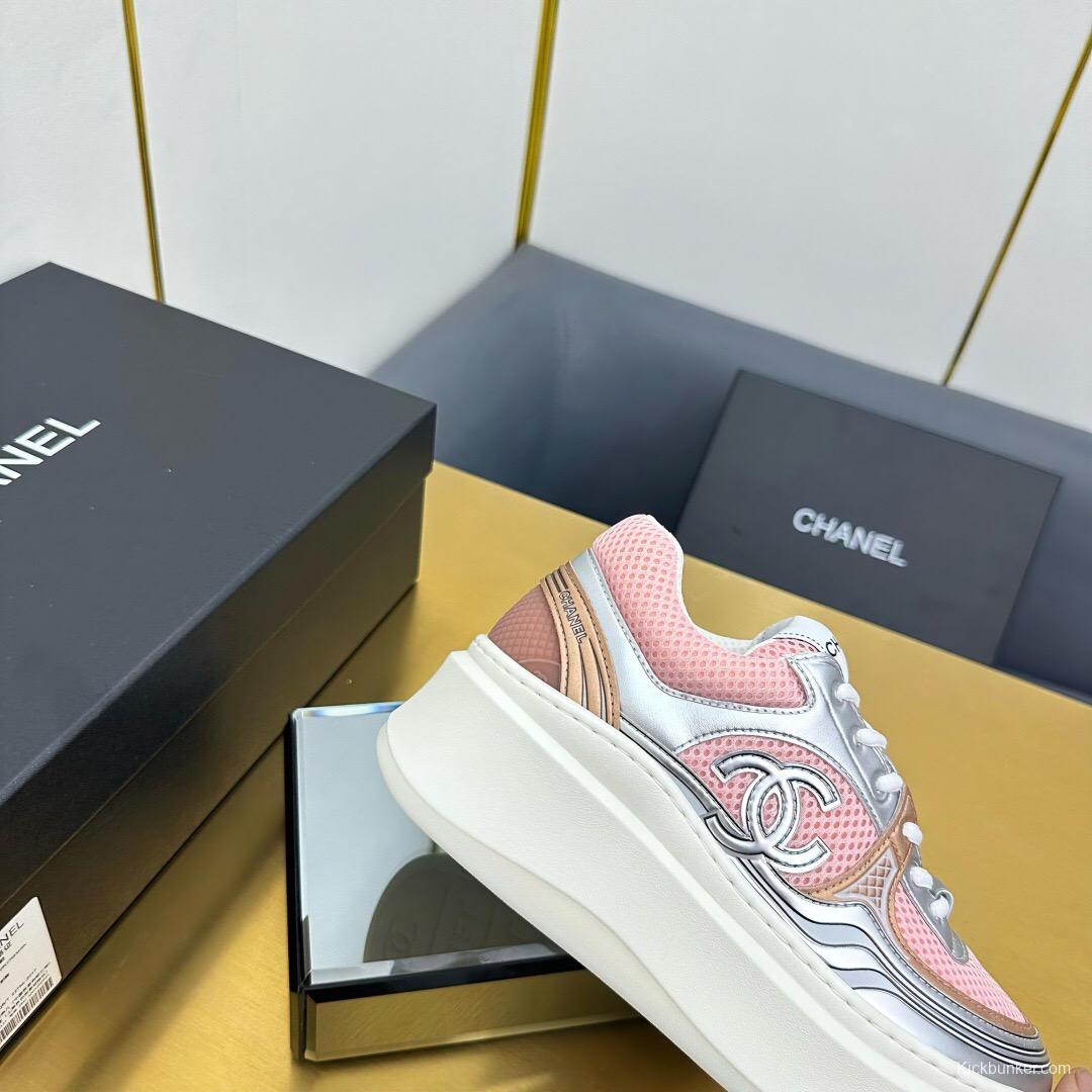 2025 Women Chanel Pink Silver Leather Mesh Sneakers