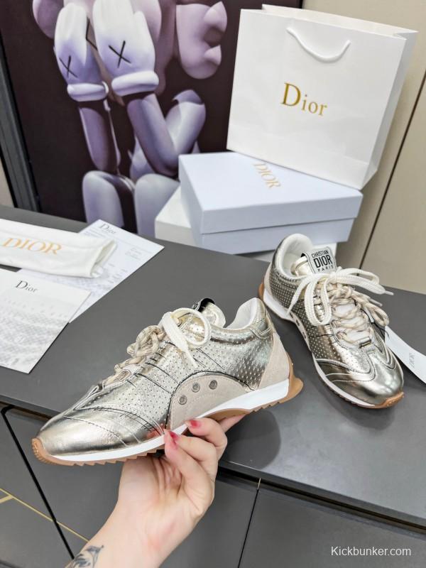 2025 Women Dior Silver Leather Suede Sneakers