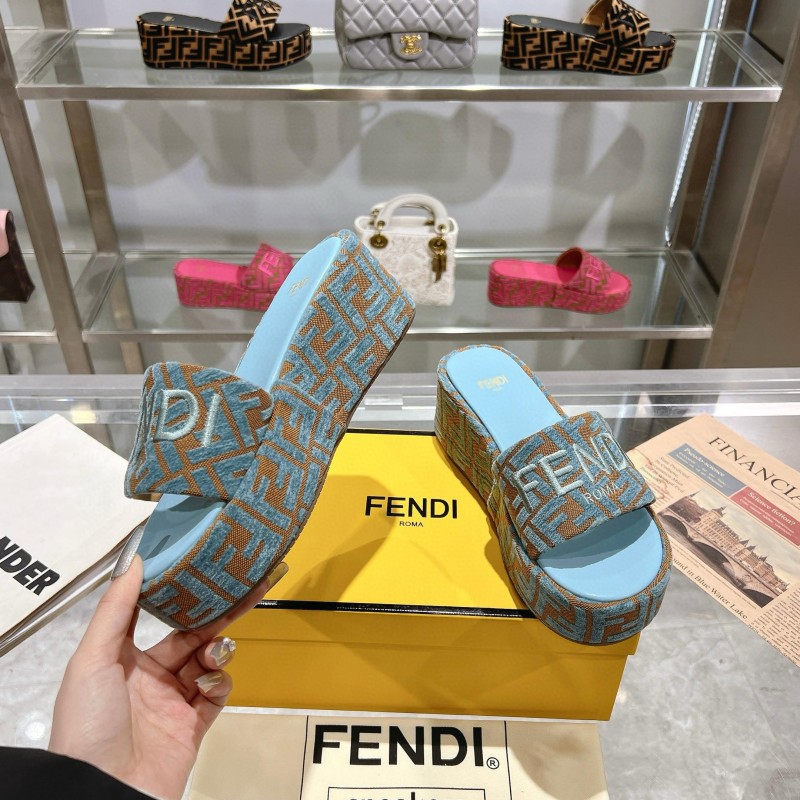 2025 Women Fendi Blue Brown Canvas Slippers
