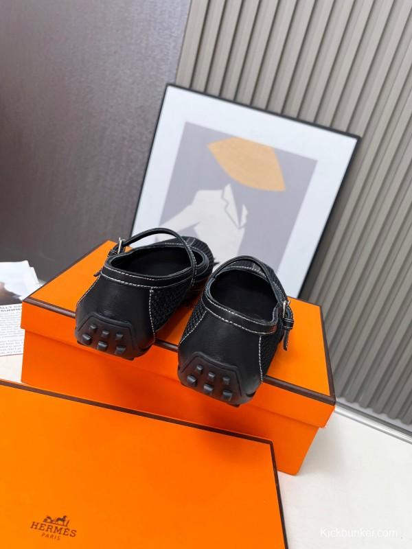 2025 Women Hermès Black Leather Mesh Mary Jane LY00230