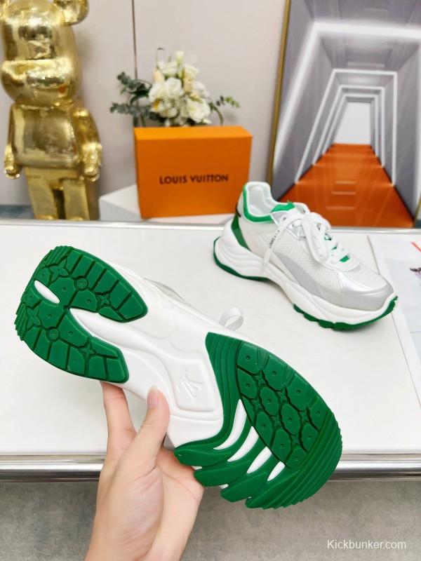 2025 Unisex Louis Vuitton White Green Leather Mesh Rubber Sneakers LY00340