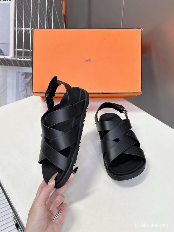 2025 Women Hermès Black Leather Sandals