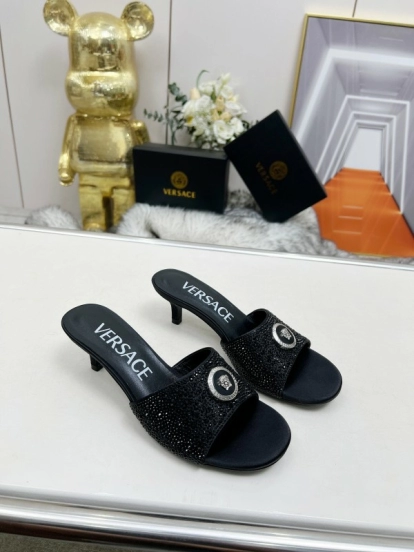 2025 Women VERSACE Black Silk Rhinestone Square Toe Sandals MJ00230