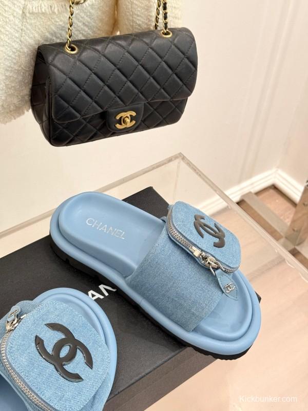 2025 Slippers Chanel Light Blue Denim Slippers KFY00220