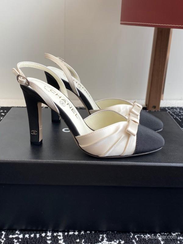 2025 Women Chanel Black White Satin Leather Slingback Heels
