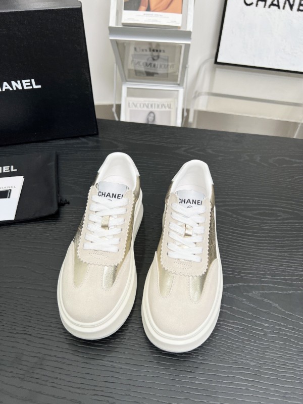 2025 Women Chanel Beige Gold Leather Suede Sneakers LY00290