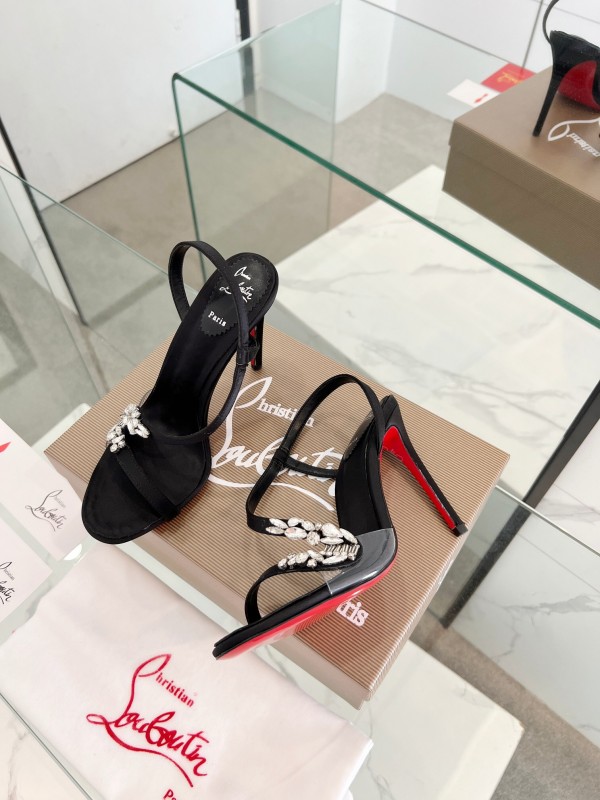 2025 Women ChristianLouboutin Black Satin High Heel Sandals Crystal Embellishment LY00300