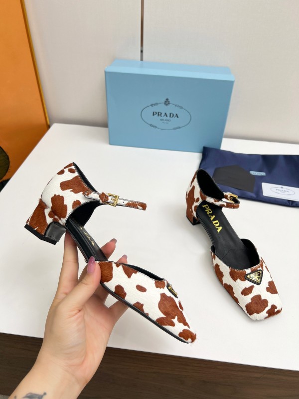 2025 Women Prada Brown White Calf Hair Strap Heels LY00270