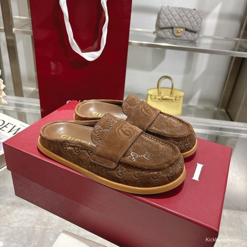 2025 Women Gucci Dark Brown Suede Mule Embossed GG LY00270