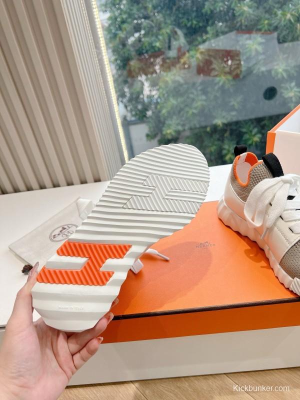 2024 Unisex Hermès Beige Orange Calfskin Suede Sneakers MJ00290(F/W)