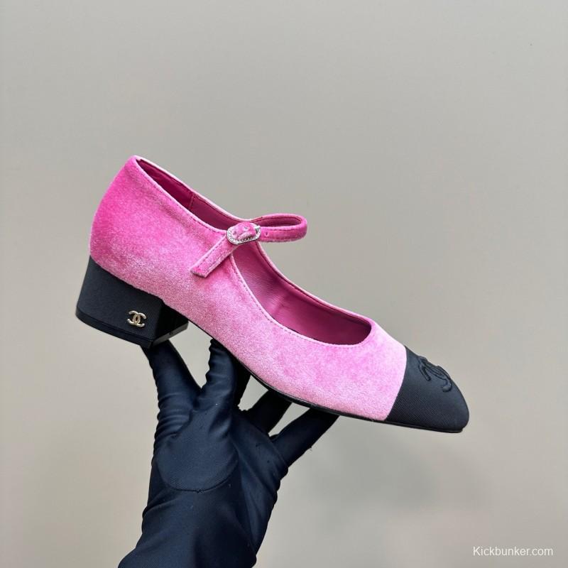 2025 Women Chanel Pink Black Velvet Mary Jane Shoes