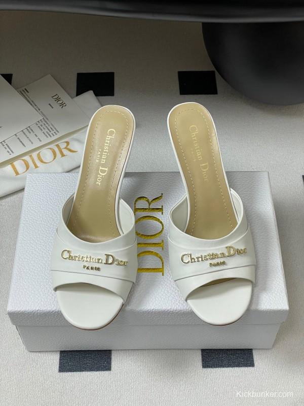 2025 Women Dior White Leather Mule Gold Hardware Slide