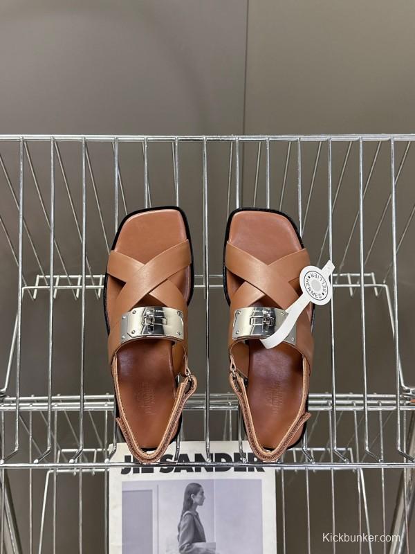 2025 Women Hermès Brown White Calfskin Leather Sandals Metal Hardware KFY00300