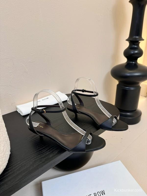 2025 Women The Row Black Leather Flat Strap Sandals KFY00270