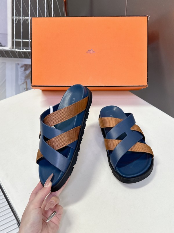 2025 Slippers Hermès Blue Brown Leather Slippers