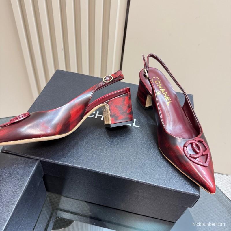 2025 Women Chanel Burgundy Leather Slingback Heels KFY00290