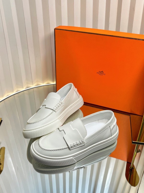 2025 Unisex Hermès White Leather Fabric Loafers LY00310(F)/LY00320(M)