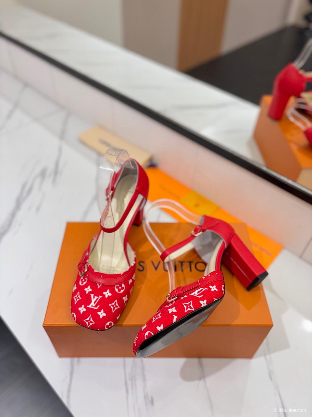 2025 Women Louis Vuitton Red Canvas Leather Heels KFY00310